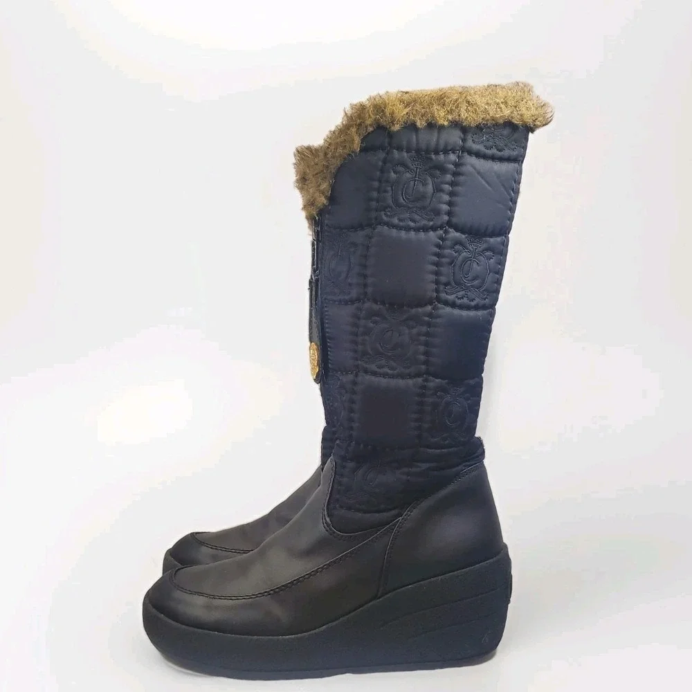 Juicy Couture Snowflurry Women's Boots Size 7 Black Nylon Chocolate‎ Faux Fur